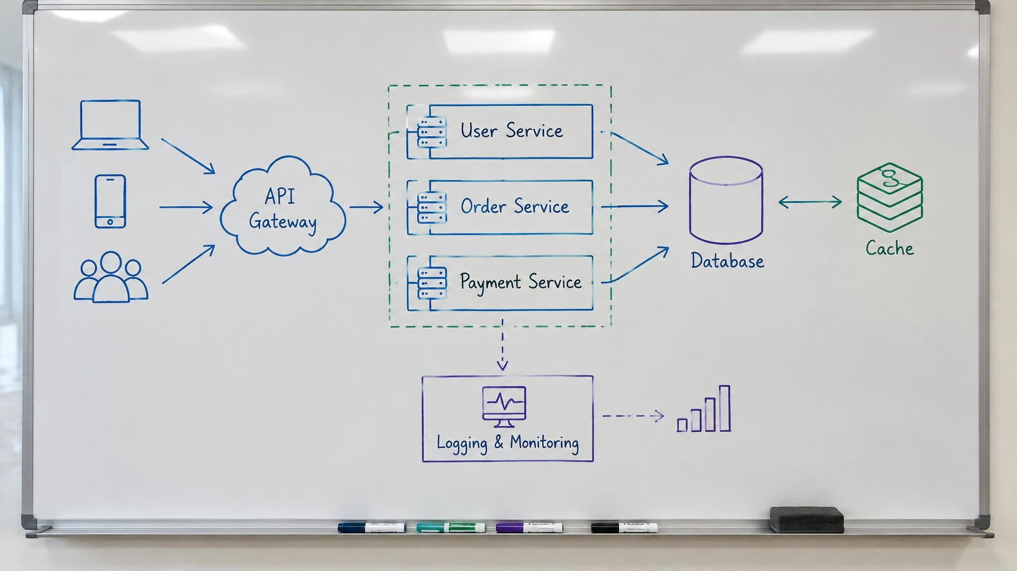 Whiteboard with diagrams explaining a software concept